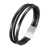 Microfiber PU Bracelet, stainless steel magnetic clasp, silver color plated, three layers & braided bracelet & Unisex black 1mm 