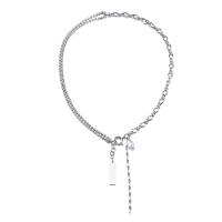 Titanium Steel Necklace, with Plastic Pearl, polished, micro pave cubic zirconia & for man, 21*7*1mm,10*5mm,7.5mm Approx 17.72 Inch 