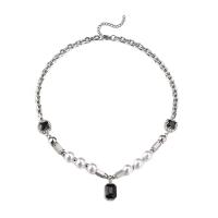 Titanium Steel Necklace, with ABS Plastic Pearl & Resin Rhinestone & Zinc Alloy, with 1.96 lnch extender chain, for man, 10*14mm,8mm,10mm Approx 17.72 Inch 
