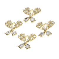 Zinc Alloy Rhinestone Pendants, with pearl, Butterfly, with rhinestone, golden 