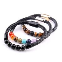 Gemstone Bracelets, Leather, with Rainbow Stone & Tiger Eye & Black Agate, stainless steel magnetic clasp, plated, braided bracelet & Unisex Approx 7.5 Inch 