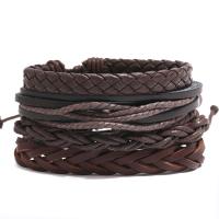 PU Leather Cord Bracelets, with Linen & Wax Cord, 4 pieces & Adjustable & fashion jewelry & handmade & Unisex, brown, 17-18cm,6cm 