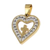 Colgantes de acero inoxidable de diamantes de imitación , Corazón, con el patrón de la Cruz & con diamantes de imitación, más colores para la opción, 20x20x2mm, Vendido por UD