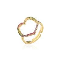 Brass Open Finger Ring, Heart, 18K gold plated, Adjustable & micro pave cubic zirconia & for woman & hollow 