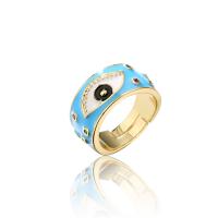 Brass Open Finger Ring, 18K gold plated, Adjustable & with eye pattern & micro pave cubic zirconia & for woman & enamel, 10mm 