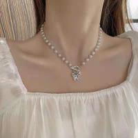 Plastic Pearl Necklace, zinc alloy toggle clasp, Butterfly, silver color plated, rolo chain & for woman & with rhinestone, white Approx 14.17 Inch 