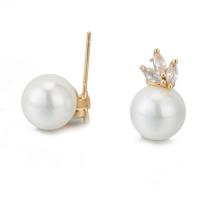 Brass Earring Stud Component, with Plastic Pearl, 14K gold plated & micro pave cubic zirconia 