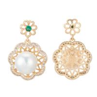 Brass Earring Drop Component, Flower, 14K gold plated, micro pave cubic zirconia & for woman 