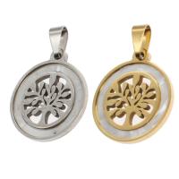 Stainless Steel Pendants, with Shell, Round, tree of life design 