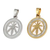 Stainless Steel Pendants, with Shell, Round, leaf pattern 