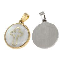 Stainless Steel Pendants, with Shell, Round, with cross pattern 