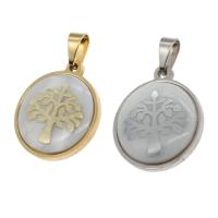 Stainless Steel Pendants, with Shell, Round, tree of life design 