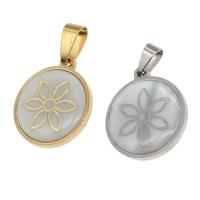 Stainless Steel Pendants, with Shell, Round, with flower pattern 