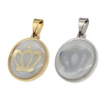 Stainless Steel Pendants, with Shell, Round, crown design 