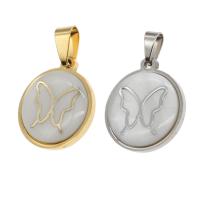 Stainless Steel Pendants, with Shell, Round, with butterfly pattern 