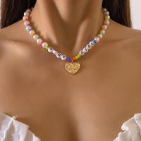 Plastic Pearl Necklace, with Seedbead & Zinc Alloy, Heart, gold color plated, for woman, multi-colored, 7mm Approx 13.78 Inch 