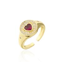 Cubic Zirconia Micro Pave Brass Finger Ring, 18K gold plated, Adjustable & with heart pattern & micro pave cubic zirconia & for woman 12mm 