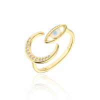 Brass Cuff Finger Ring, Moon, 18K gold plated, Adjustable & with eye pattern & micro pave cubic zirconia & for woman & enamel, 16mm 