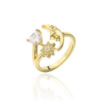Brass Cuff Finger Ring, Moon and Star, 18K gold plated, Adjustable & micro pave cubic zirconia & for woman, 14mm 