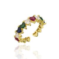 Brass Cuff Finger Ring, Heart, 18K gold plated, Adjustable & micro pave cubic zirconia & for woman, multi-colored, 4mm 