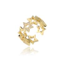 Brass Cuff Finger Ring, Star, 18K gold plated, Adjustable & micro pave cubic zirconia & for woman & hollow 