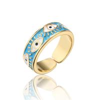 Brass Cuff Finger Ring, 18K gold plated, Adjustable & with eye pattern & for woman & enamel 6mm 