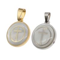 Stainless Steel Pendants, with Shell, Round, with cross pattern 