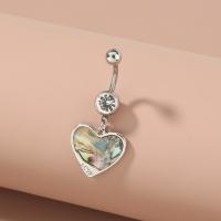 Stainless Steel Belly Ring, with Abalone Shell, Heart, platinum color plated, for woman & with rhinestone, silver color 