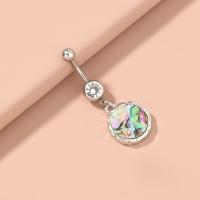 Stainless Steel Belly Ring, with Abalone Shell Paper, Round, platinum color plated, for woman & with rhinestone, silver color 