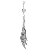 Zinc Alloy Belly Ring, Wing Shape, silver color plated, for woman & with rhinestone, silver color 