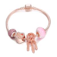 European Bracelets de laiton, avec chalumeau, coeur, lumière de couleur rose plaqué or, chaîne serpent & pour femme, rose Environ 7 pouce, Vendu par PC