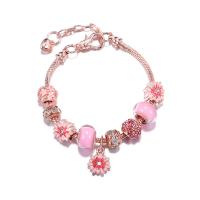 Brass Chain European Bracelets, with Lampwork & Zinc Alloy, Daisy, light rose gold color plated, snake chain & for woman & enamel & with cubic zirconia, pink Approx 7 Inch 