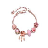 Brass Chain European Bracelets, with Lampwork & Zinc Alloy, Flower, light rose gold color plated, snake chain & for woman & with cubic zirconia, pink Approx 7 Inch 