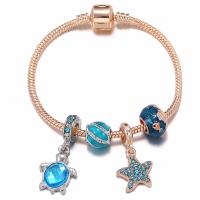Brass Chain European Bracelets, with Zinc Alloy, Star, light rose gold color plated, snake chain & for woman & enamel & with cubic zirconia, blue Approx 7 Inch 
