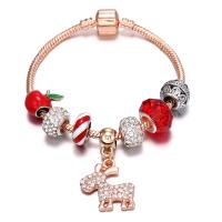 Brass Chain European Bracelets, with Lampwork & Zinc Alloy, Christmas Reindeer, light rose gold color plated, Christmas jewelry & snake chain & for woman & enamel & with cubic zirconia, red Approx 7 Inch 