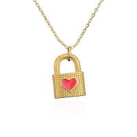 Brass Jewelry Necklace, Lock, 18K gold plated, with heart pattern & for woman & enamel Approx 17.72 Inch 