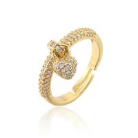 Cubic Zirconia Micro Pave Brass Finger Ring, Heart, 18K gold plated, Adjustable & With Pendant & micro pave cubic zirconia & for woman 