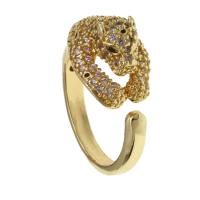 Brass Cuff Finger Ring, Leopard, Adjustable & micro pave cubic zirconia & for woman, golden 