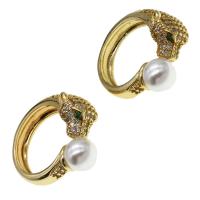 Brass Cuff Finger Ring, with pearl, Leopard, Adjustable & micro pave cubic zirconia & for woman, golden 