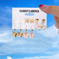 Zinc Alloy Earring Set, Stud Earring & earring, with Plastic Pearl, Butterfly, plated, 6 pieces & fashion jewelry & for woman & enamel 
