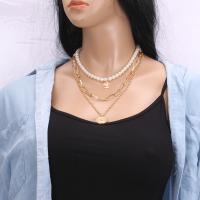 Fashion Multi Layer Necklace, Zinc Alloy, with Plastic Pearl, with 7cm extender chain, Coin, plated, three layers & round link chain & for woman Approx 19 Inch 