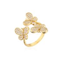 Brass Cuff Finger Ring, Butterfly, 18K gold plated, Adjustable & micro pave cubic zirconia & for woman, 17-19mm 