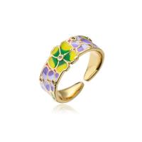 Brass Cuff Finger Ring, 18K gold plated, Adjustable & with flower pattern & micro pave cubic zirconia & for woman & enamel, mixed colors, 7 