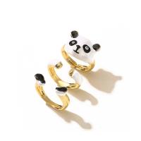 Brass Ring Set, Panda, 18K gold plated, Adjustable & three pieces & for woman & enamel, white and black, 17-19mm 