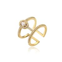 Brass Cuff Finger Ring, 18K gold plated, Adjustable & micro pave cubic zirconia & for woman & hollow, 10mm 