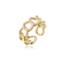 Brass Cuff Finger Ring, 18K gold plated, Adjustable & micro pave cubic zirconia & for woman & hollow, 9mm 