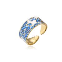 Brass Cuff Finger Ring, 18K gold plated, Adjustable & for woman & enamel, blue, 9mm 