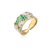 Brass Cuff Finger Ring, 18K gold plated, Adjustable & with flower pattern & for woman & enamel, green, 10mm 