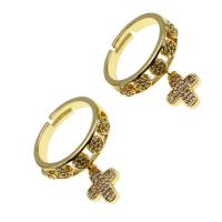 Cubic Zirconia Micro Pave Brass Finger Ring, Cross, Adjustable & With Pendant & micro pave cubic zirconia & for woman, golden 