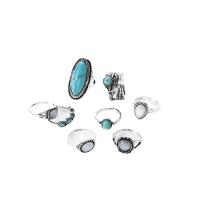 En alliage de zinc Bague, avec Artificial-Opal & turquoise, Placage, 8 pièces & bijoux de mode & pour femme, couleur originale, Vendu par fixé